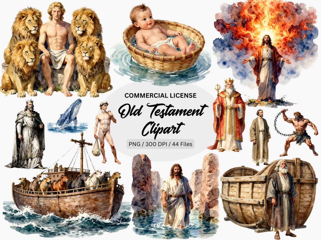 Watercolor Old Testament Clipart PNG Bundle, Bible Story Moses Noah Ark ...