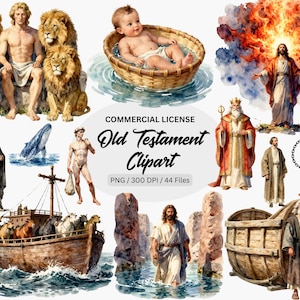 Könnte beinhalten: Aquarellillustrationen von alttestamentlichen Figuren und Szenen. Enthält ein Baby in einem Korb, einen Mann mit Löwen, Jesus, einen König, ein Boot mit Tieren und andere biblische Figuren. Der Text "Old Testament Clipart" ist ebenfalls vorhanden.