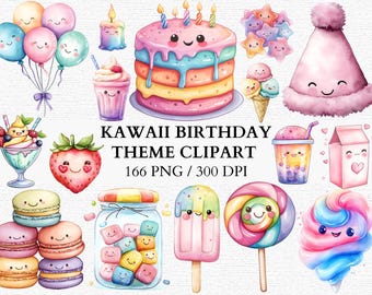 Kawaii Birthday Clipart Bundle Cute Dessert Png Pastel Chibi Cupcakes Ice Cream Balloons Cake Candles Boba Gifts for Invitation Decor