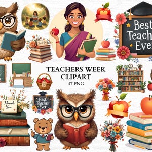Könnte beinhalten: Eine Sammlung farbenfroher Illustrationen für die Lehrerwoche. Die Bilder zeigen eine Eule mit Brille, die ein Buch liest, eine Lehrerin mit einem Buch und einem Apfel, eine Tafel mit dem Text "Best Teacher Ever" und Bücherstapel.