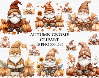 Autumn Gnome PNG Clipart Set Fall Thanksgiving Pumpkin Harvest Graphics for Sublimation Mugs Cards Stickers Cozy Digital Art Commercial Use