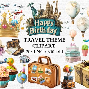 旅行をテーマにした誕生日クリップアートセット ヴィンテージ旅行ポスター 誕生日旅行搭乗券 冒険ワンダーラストパーティーの装飾に最適