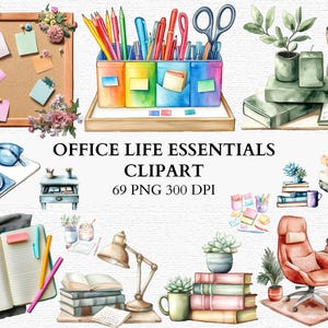 Può includere: Illustrazione ad acquerello di forniture e decorazioni per ufficio. Include una bacheca con note adesive, un portapenne arcobaleno, occhiali, un mouse, libri, una scrivania e una sedia. Il testo recita "OFFICE LIFE ESSENTIALS CLIPART 69 PNG 300 DPI."