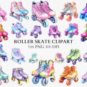 Puede incluir: Ilustraciones de patines de ruedas en acuarela en varios colores, incluyendo rosa, azul, verde y naranja. La imagen incluye múltiples pares de patines con el texto "ROLLER SKATE CLIPART 106 PNG 300 DPI".