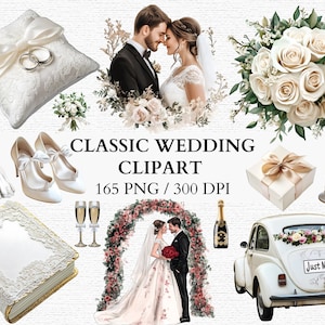 Conjunto de imágenes prediseñadas de boda clásicas PNG Invitaciones de novia Diseños florales elegantes Gráficos de vestidos de novia Adornos para tartas Diseños de tarjetas de agradecimiento