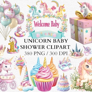 Einhorn Baby Shower Pastell Clipart PNG Set Party Dekoration Regenbogen Themed Party Printables Magische Kinderzimmer Kunst Regenbogen Einhorn Clipart
