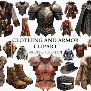 May include: A collection of 48 digital clipart images featuring clothing and armor designs. The images include a variety of styles, from medieval armor to modern clothing. The images are high-resolution and perfect for use in digital projects.