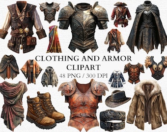 May include: A collection of 48 digital clipart images featuring clothing and armor designs. The images include a variety of styles, from medieval armor to modern clothing. The images are high-resolution and perfect for use in digital projects.