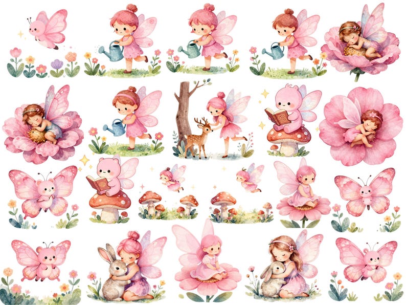 Pink Fairy Clipart Watercolor PNG Bundle, Cute Fairy Garden Clipart Set ...