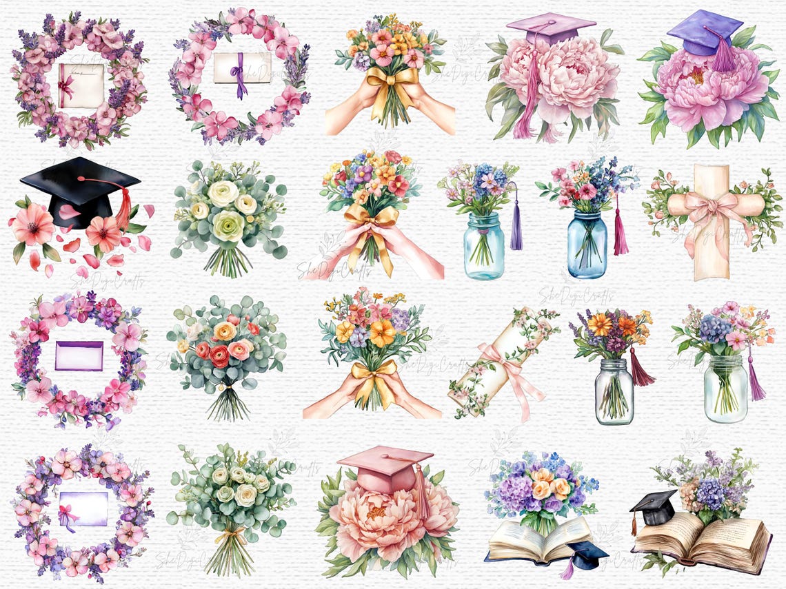 Floral Graduation Bouquet Clipart PNG Set Watercolor Flowers Class of ...