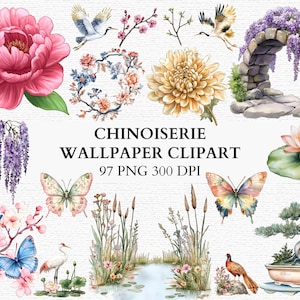 May include: A collection of watercolour Chinoiserie clipart elements. The image includes a pink peony, butterflies, cranes, floral arrangements, a stone archway with wisteria, and a bonsai tree. Text reads "Chinoiserie Wallpaper Clipart 97 PNG 300 DPI."