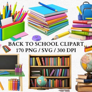May include: Back to School clipart set with 170 PNG and SVG files at 300 DPI. The set includes a variety of school supplies, such as pencils, crayons, books, a backpack, a globe, and a chalkboard. The clipart is perfect for creating back to school projects, classroom decorations, and more.