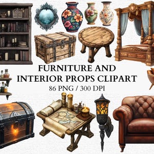 Pacote PNG de acessórios de móveis medievais Elementos de decoração digital de fantasia D&D Design de interiores Clipart de aquarela para impressão Download instantâneo digital