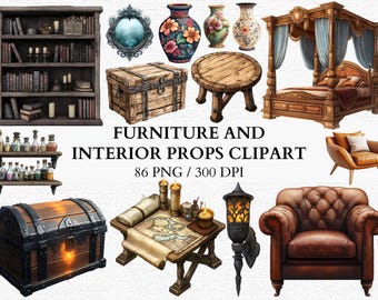 Medieval Furniture Clipart PNG Fantasy Interior Props RPG Decor Assets Printable Dungeon Decor DnD Room Design Digital Commercial Use