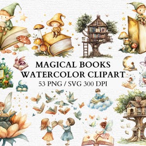 Magische Bücher Aquarell Clipart Märchen Kunst Baumhaus Buchliebhaber Sublimationsgrafiken lesen Clipart digitale Aufkleber kommerzielle Nutzung