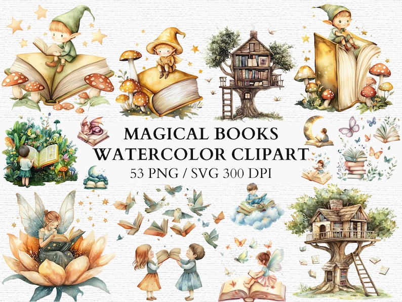 Magical Books Watercolor Clipart Fairy Tale Art Treehouse Book Lover ...