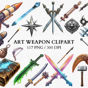 May include: A collection of 117 digital clipart images of fantasy weapons, including swords, axes, bows, arrows, and more. The images are in PNG format and are 300 DPI.