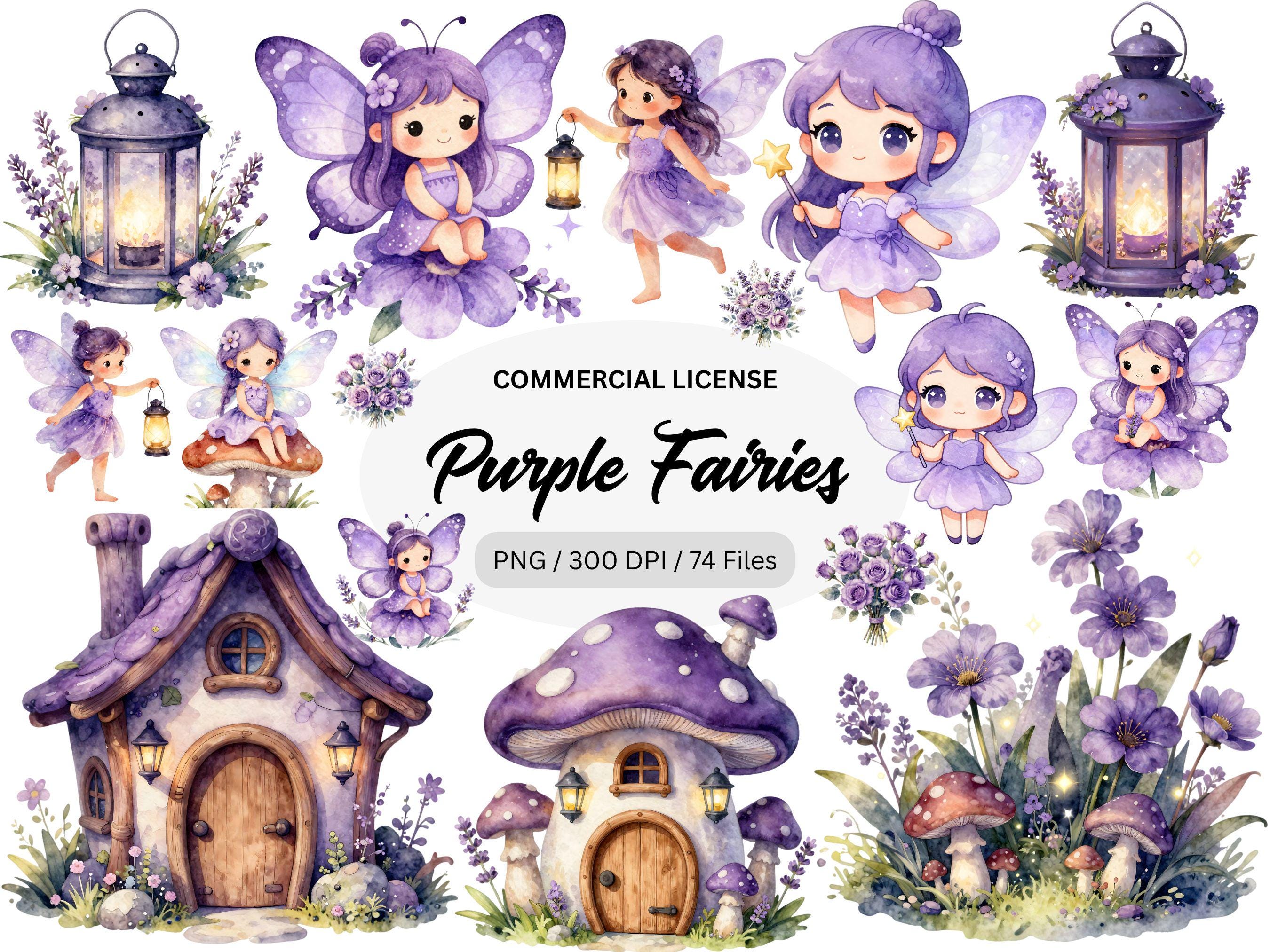 Purple Fairy Clipart Watercolor PNG Bundle, Lavender Fairy Garden ...