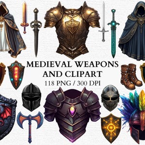 May include: A set of medieval weapons and clipart, including swords, shields, armor, and helmets. The clipart is in a cartoon style and features a variety of colors, including gold, silver, red, blue, and green. The text "MEDIEVAL WEAPONS AND CLIPART 118 PNG / 300 DPI" is displayed in the center of the image.