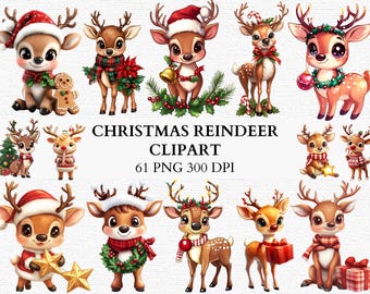 May include: A collection of cartoon reindeer illustrations with festive holiday decorations. Each reindeer has a unique design, including Santa hats, scarves, and Christmas ornaments. The text "CHRISTMAS REINDEER CLIPART" is displayed.