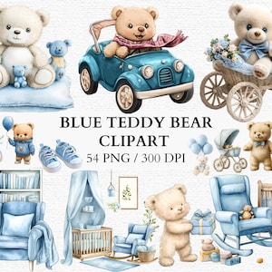 Ours en peluche bleu Clipart baby shower thèmes décoration de chambre d'enfant neutre entre les sexes Clipart ours en peluche bleu Clipart numérique Art pour chambre de bébé garçon