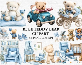 Puede incluir: Conjunto de clipart de osito de peluche azul con 54 imágenes. Incluye un osito de peluche en un coche, un osito de peluche en un cochecito, un osito de peluche en una mecedora, un osito de peluche en una cuna y un osito de peluche en una cesta. Todas las imágenes están en un esquema de color azul y blanco.