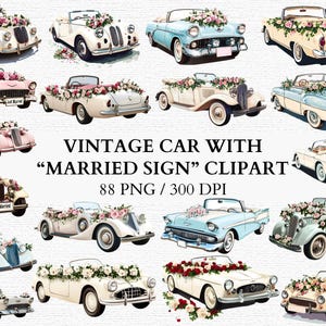 Vintage Wedding Car Clipart Floral Car Decor Just Married Sign Clipart Retro Wedding Illustrations Digital Wedding Decor PNG Commercial Use