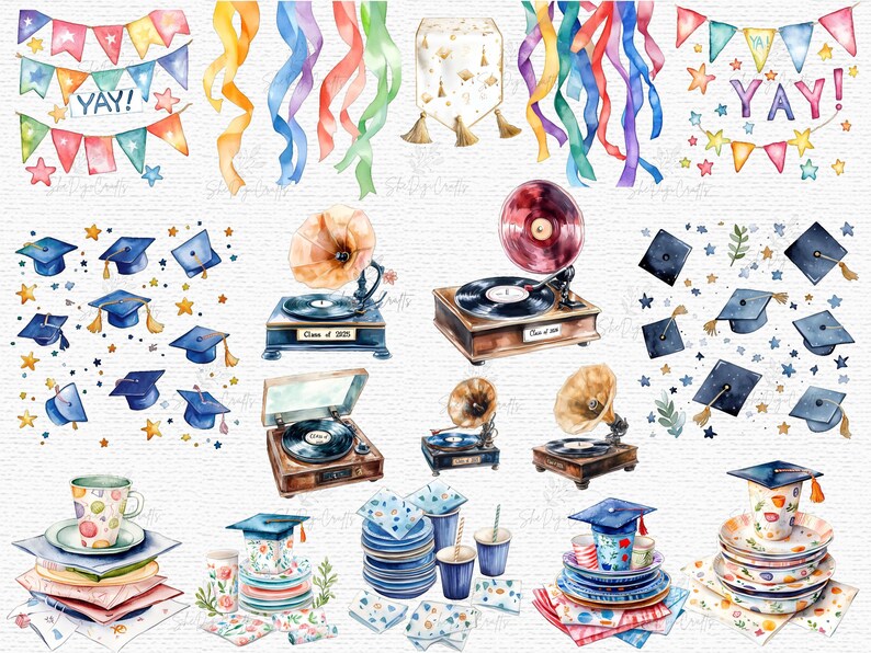 Graduation Sprite Graduation Party Clipart PNG Set Congrats Grad Balloons Cupcakes Hats ...