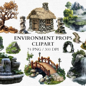 May include: A collection of 74 digital clipart images of fantasy environment props, including a stone cottage, a bridge, a waterfall, a tree, a stone archway, a stone tower, a tree stump, and a lake. The images are in PNG format and are 300 DPI.