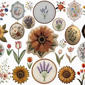 May include: An assortment of embroidered floral designs, featuring sunflowers, lavender, and roses. The pieces are in various shapes, including oval frames, round hoops, and individual flower motifs. The colour palette includes shades of yellow, orange, pink, and purple.