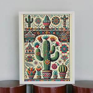 Vintage Kaktus Druck - Mexikanische Wand Poster - Traditionelle Kunst Druck - Lateinische Kultur - Lebendige Druck - Reise Poster - Wand Dekoration Mexiko