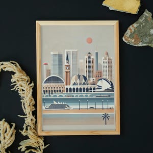 Póster de Valencia - Impresión de España - Viajes a Valencia - Arte de la ciudad de las artes - Ilustración - Vintage - Impresión de paisaje urbano - Decoración mediterránea - Arte
