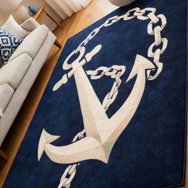 Navy Anchor Rug Hand Tufted Wool Carpet, Nautical Coastal Rug, Ocean ...