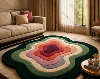 Organic Wavy Abstract Wool Rug, Hand Tufted Wool Layered Color Area Carpet, Modern Sculpted Textured
