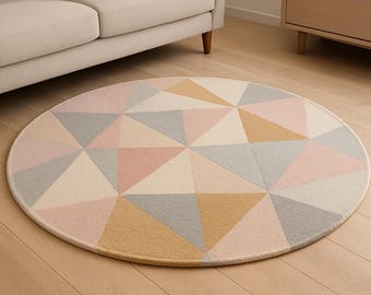 Handmade Tufted Round Rug, Geometric Wool Area Rug, Pastel Abstract Carpet, Modern Living Room Rug, Kids Room Nursery Rug Decor