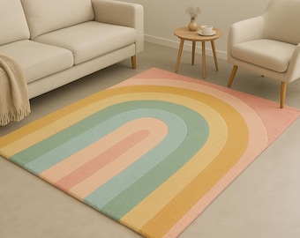 Handmade Tufted Rug Pastel Rainbow Rug, Kids Room Area Rug, Modern Nursery Rug, Colorful Abstract Carpet, Soft Wool Tufted Rug,