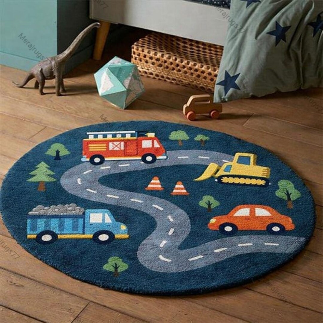 Kids Road Rug Round Playroom Rug Car Track Rug Nursery Rug Traffic Rug ...