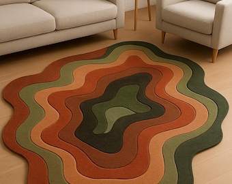 Hand Tufted Wool Wavy Area Rug – Earthy Green, Orange & Brown, Mid-Century Modern