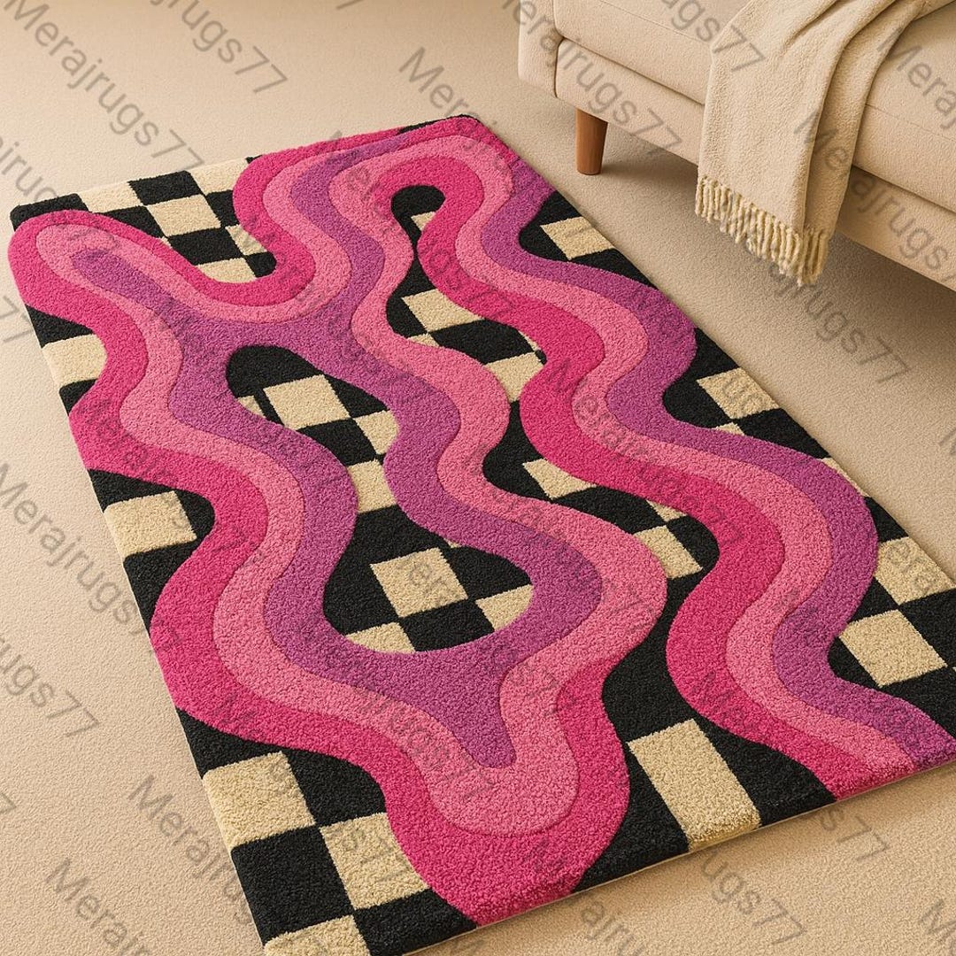 Wavy Checker Pattern Rug Hand Tufted Pink Checkered Wave Rug 3x5 – Retro Wavy Abstract Wool Area ...