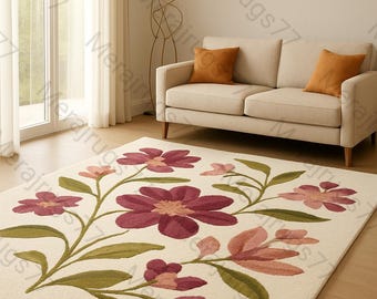 Tappeto in lana color crema e rosa con motivo floreale, tappeto trapuntato a mano, tappeto moderno con fiori, morbido tappeto per soggiorno, tappeto decorativo per camera da letto.