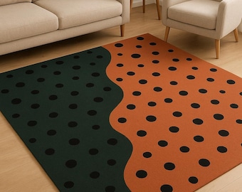 Hand Tufted Wool Rug, Green Terracotta Polka Dot Rug, Modern Abstract Area Rug, Wavy Design Carpet, Living Room Decor Rug