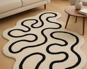 Handmade Abstract Wavy Rug, Modern Cream Black Area Rug, Irregular Shape Tufted Carpet, Minimalist Living Room Rug, Designer Statement Rug