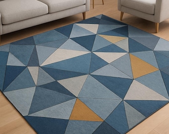 Modern Geometric Blue Rug – Abstract Triangle Pattern Area Carpet