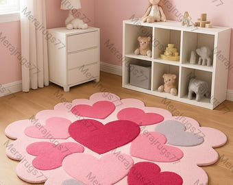 May include: A pink heart-shaped rug with a flower-like design. The rug features various shades of pink and gray hearts, creating a playful and inviting aesthetic. The rug is placed on a wooden floor in a room with pink walls.