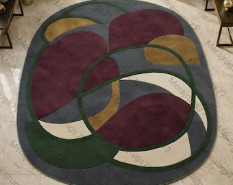 Abstrakter Ovaler Teppich Handgetufteter Wollteppich, Moderner Geometrischer Teppich, Teppich für Wohnzimmer