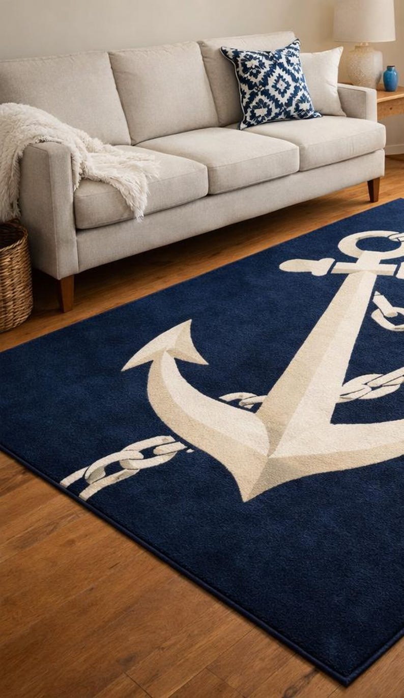 Navy Anchor Rug Hand Tufted Wool Carpet, Nautical Coastal Rug, Ocean ...