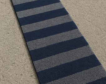 Modern Striped Runner Rug, Navy Grey Hallway Carpet, Hand Tufted Wool, Long Corridor Runner, Minimalist Floor Runner