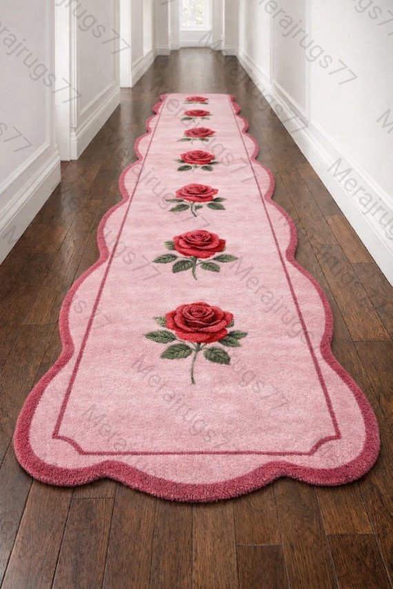 Floral Runner Rug Pink, Hallway Runner Rug, Rose Runner Rug, Scalloped Edge Runner, Vintage Runner Rug, Long Corridor Rug