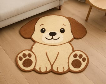 Cute Puppy Rug Tufted Kids Room Carpet, Dog Shape Rug Beige Brown Soft Plush Nursery Playroom Animal Area Rug