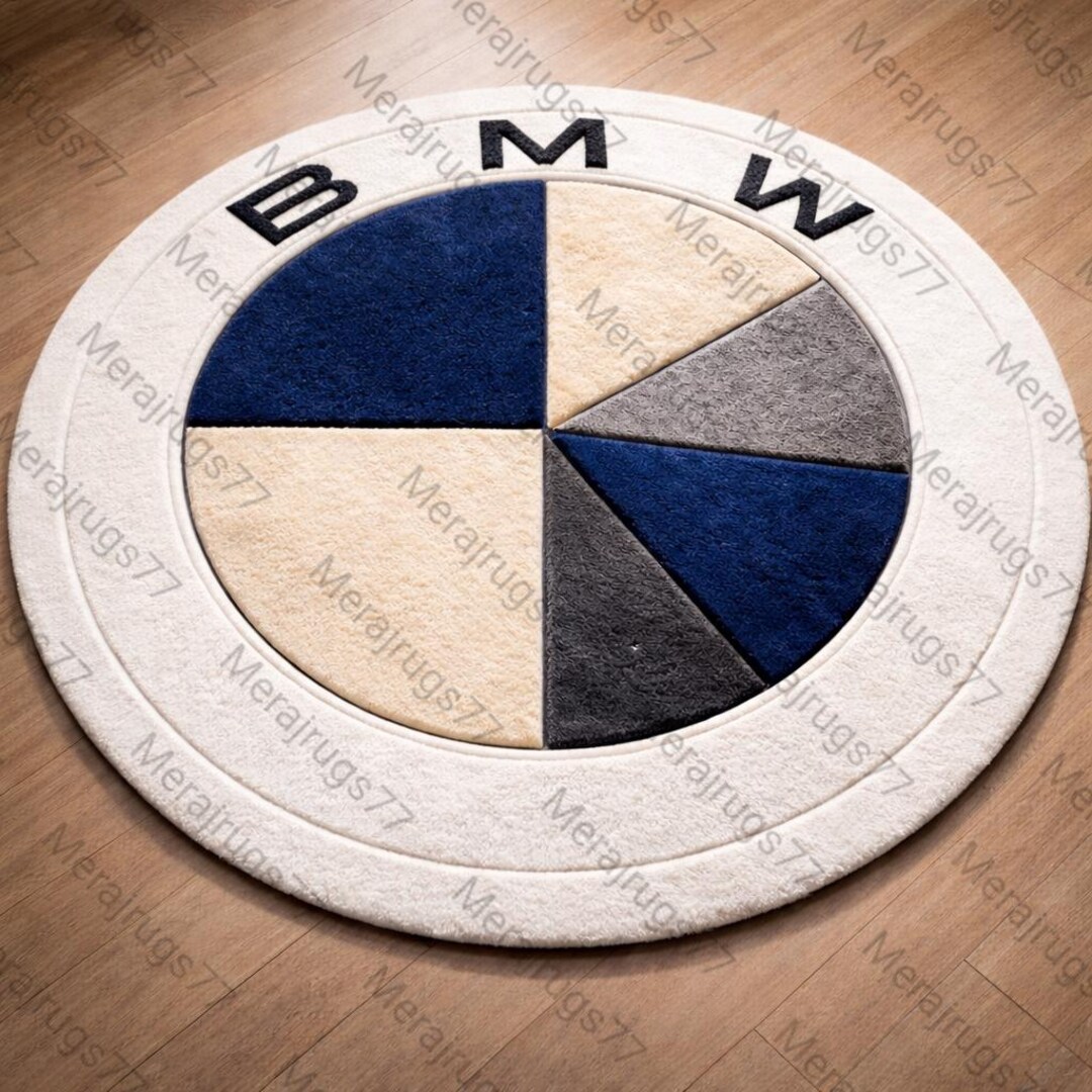 Hand Tufted BMW Logo Round Rug | Luxury Wool Area Carpet in Blue White ...